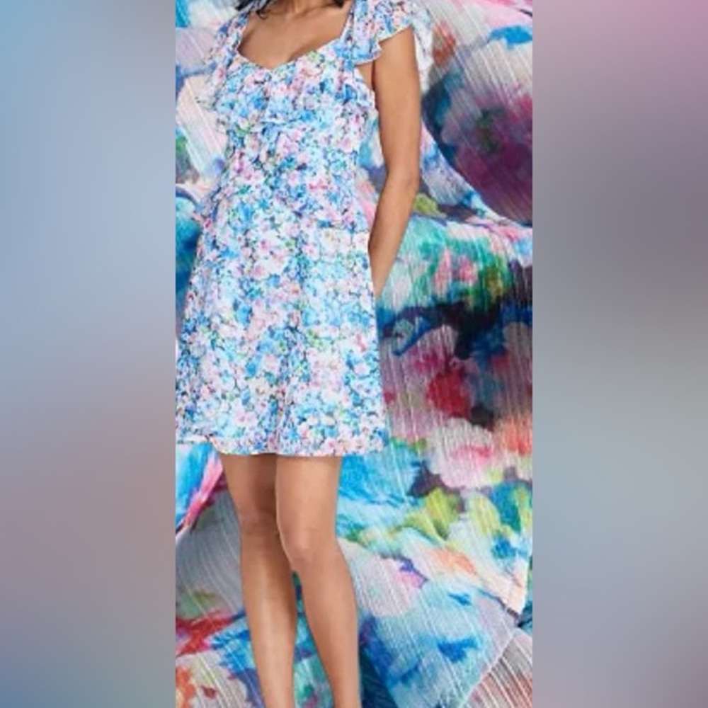 Bar III Dress Blue Floral Summer Flutter Sleeves Knee Length Size 12